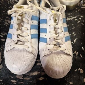 adidas White Sneakers with Light Blue Stripes